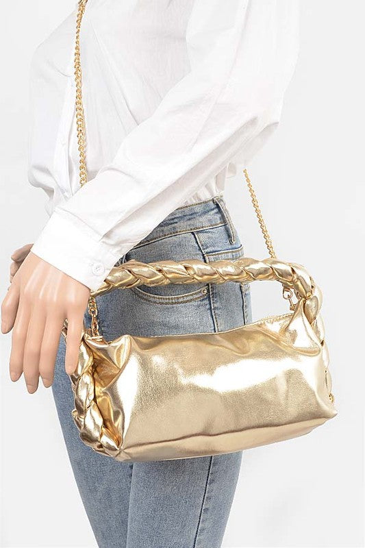 Metallic Braided Top Handle Convertible Bag- 2 Colors
