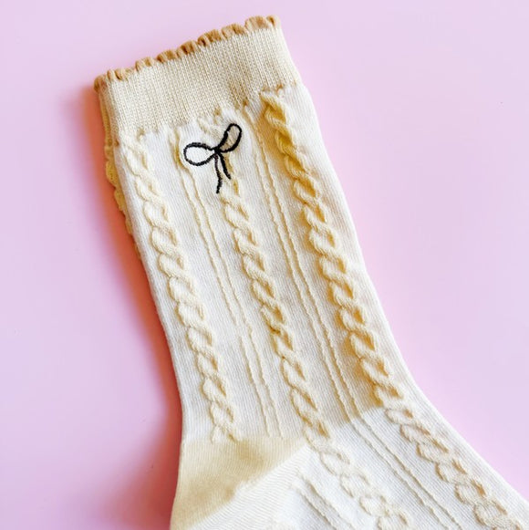 Mini Bow Embroidered Cabled Socks