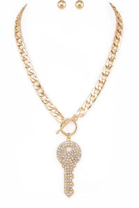 Crystal Key Pendant Necklace Set- 3 Colors