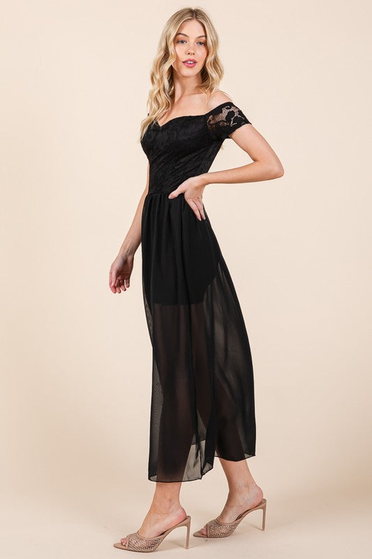Lace Off Shoulder Chiffon Black Dress