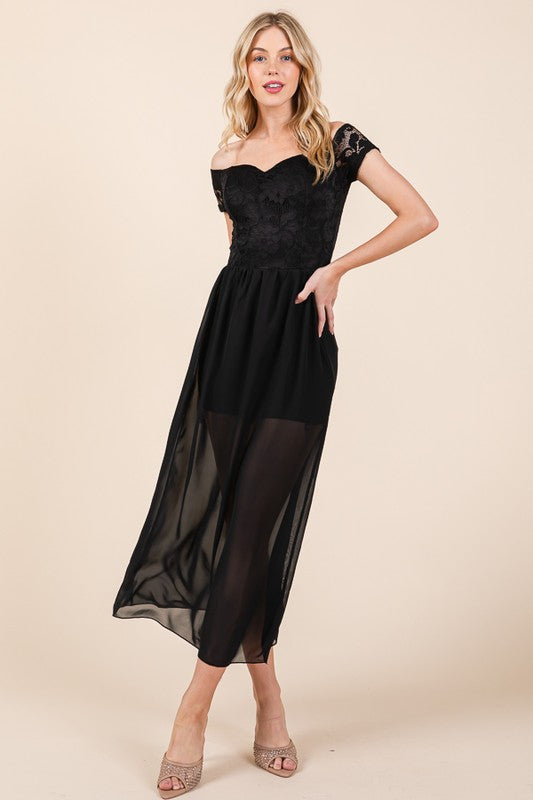 Lace Off Shoulder Chiffon Black Dress