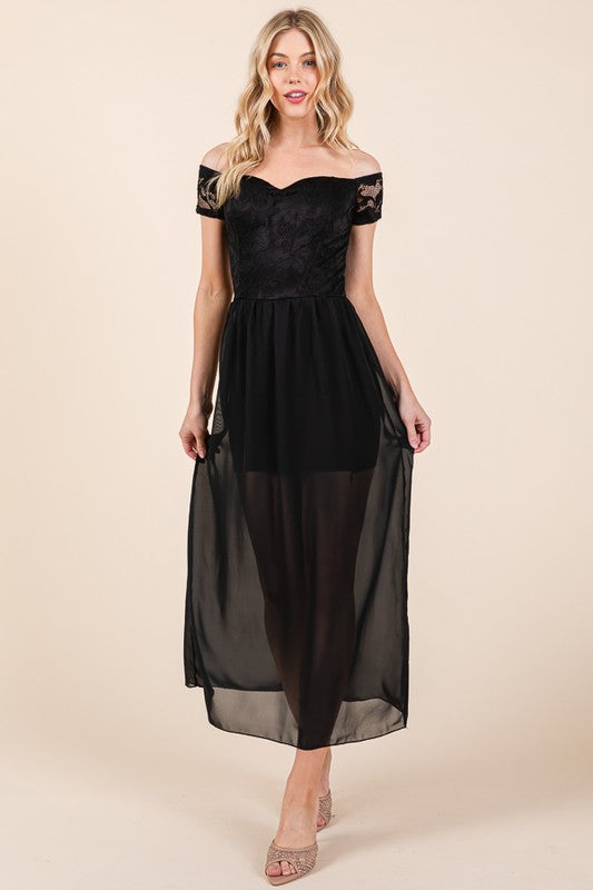 Lace Off Shoulder Chiffon Black Dress