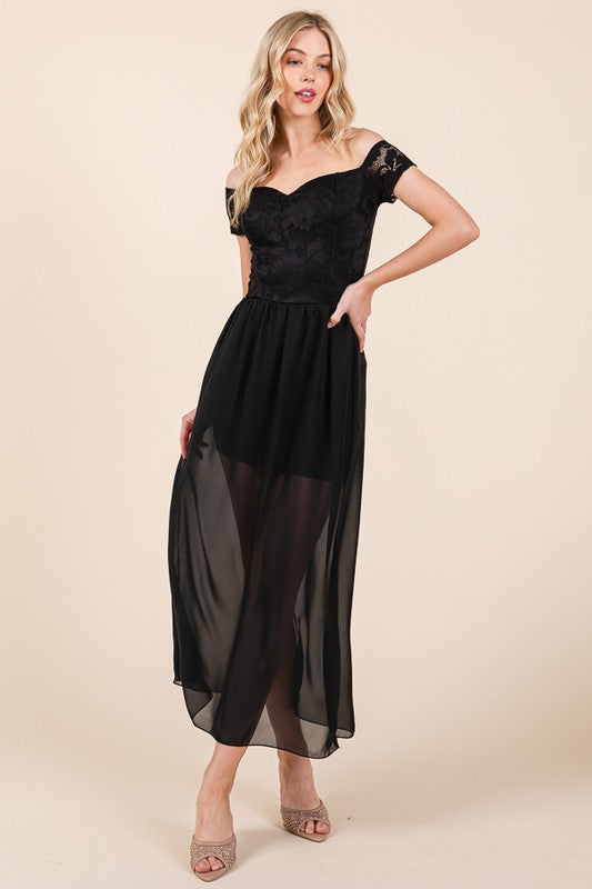 Lace Off Shoulder Chiffon Black Dress