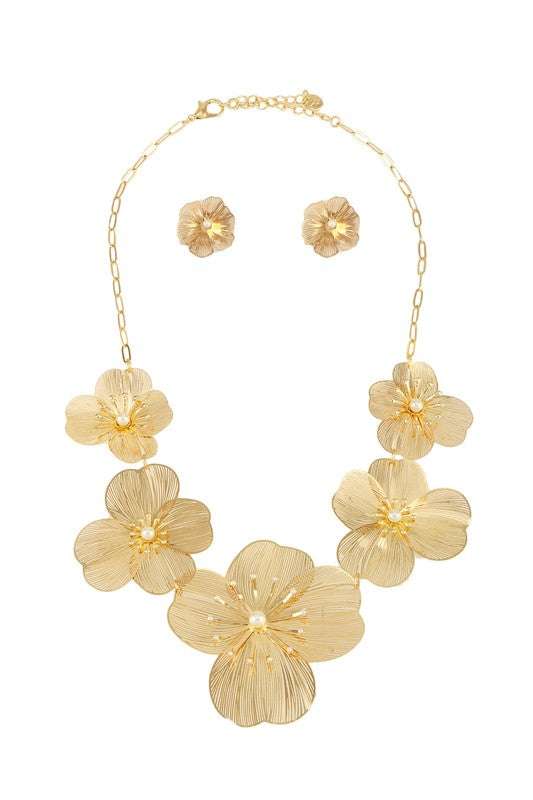 Metal Flower and Pearl Necklace Set-2 Colors