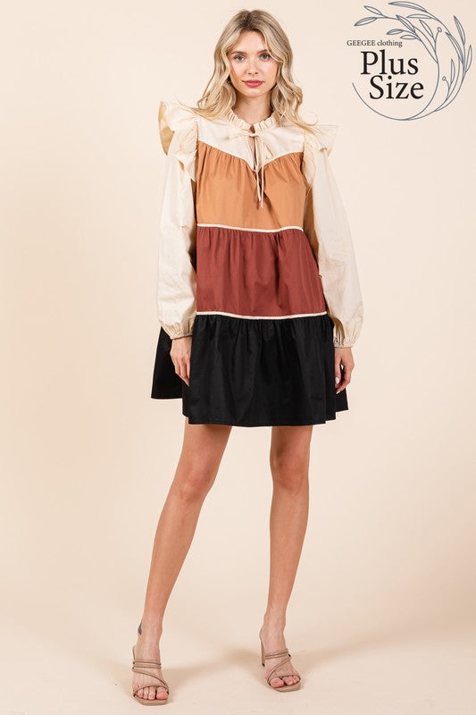 Plus Size Tiered Color Block Mini Dress-2 Colors