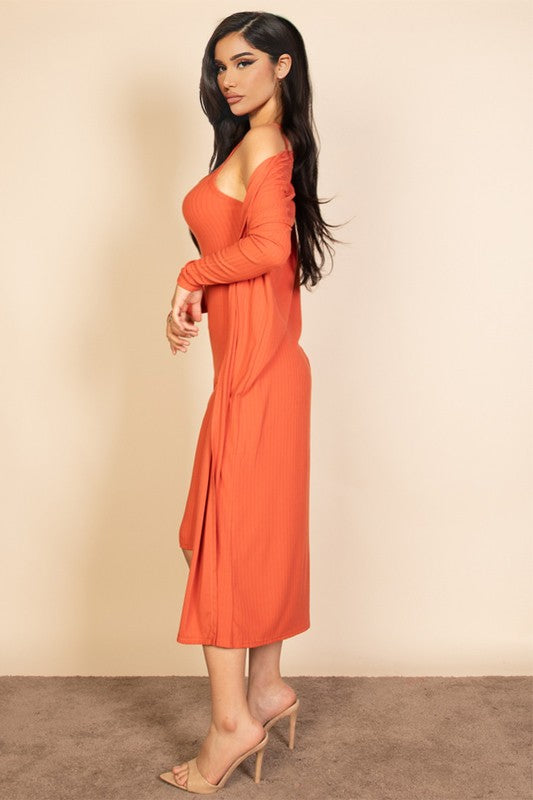 Ribbed Cardigan & Cami Midi Bodycon Dress- 14 Colors