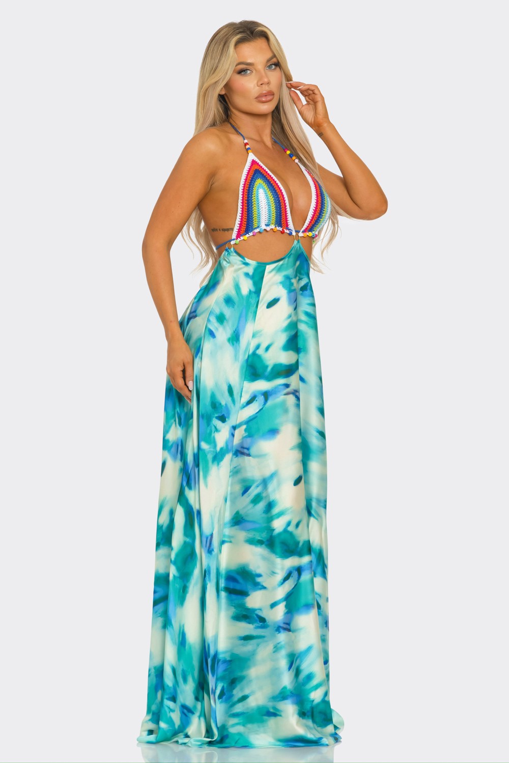 Crochet & Tie Dye Mix Maxi Dress-Blue