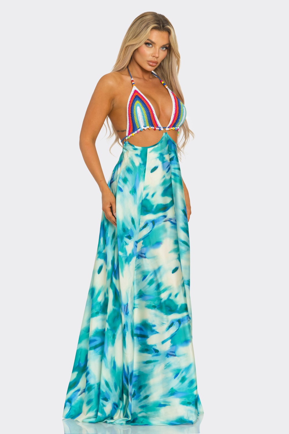 Crochet & Tie Dye Mix Maxi Dress-Blue