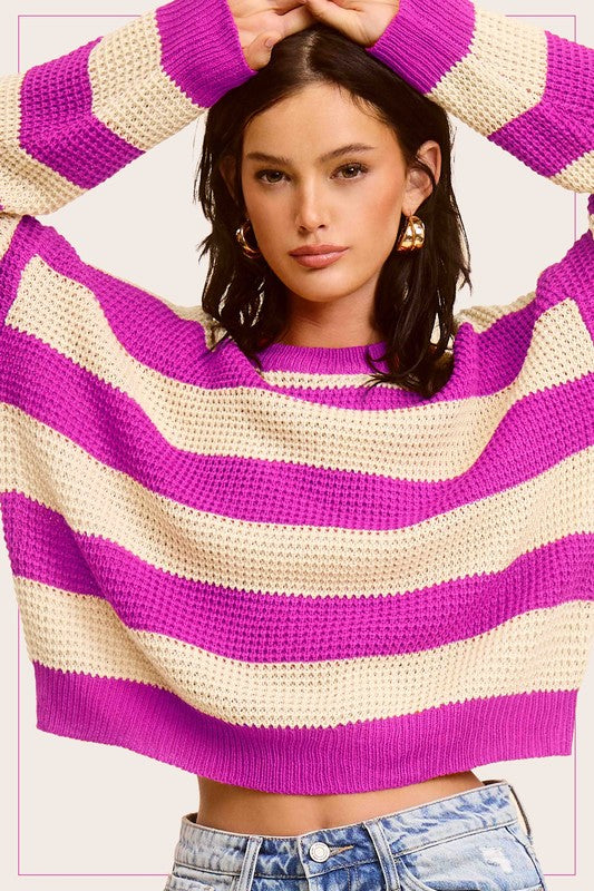 Striped Round Neck Loose Fit Sweater Top