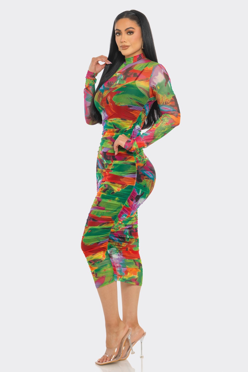 Kaleidoscope Print Mesh Ruched Midi Dress