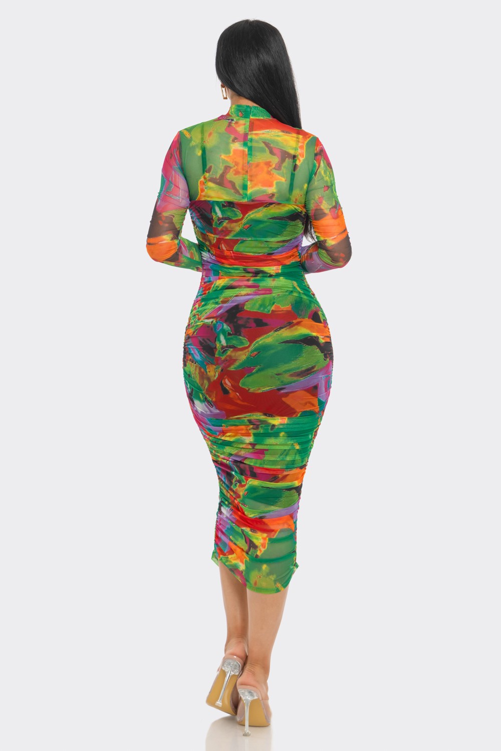 Kaleidoscope Print Mesh Ruched Midi Dress