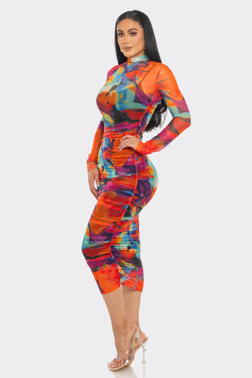 Kaleidoscope Print Mesh Ruched Midi Dress