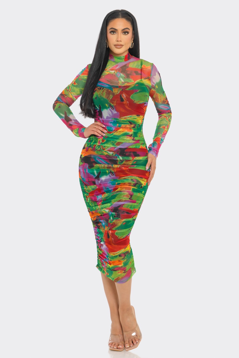 Kaleidoscope Print Mesh Ruched Midi Dress