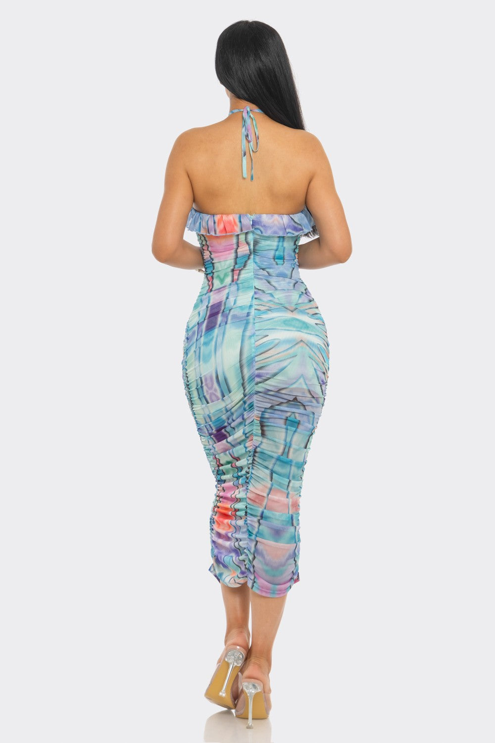 Summer Bloom Ruched Midi Halter Dress