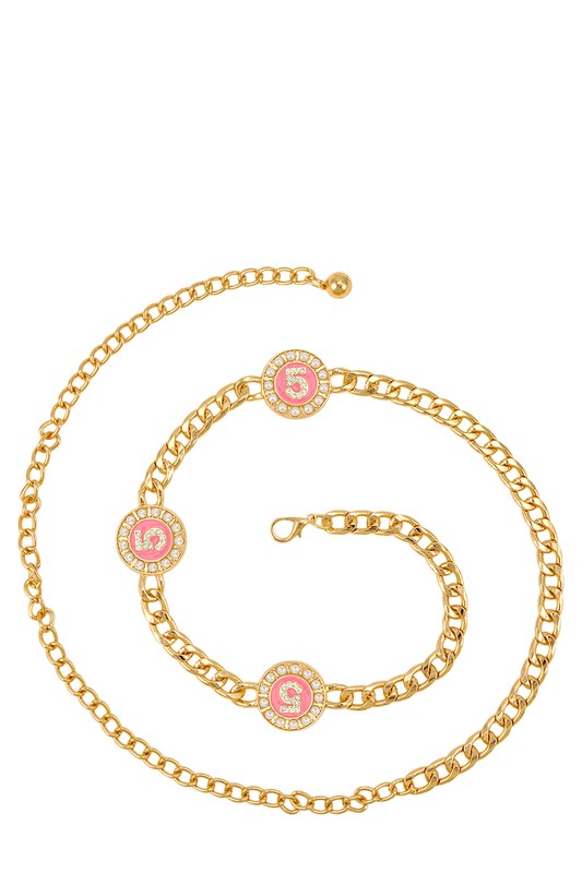 Metal Circle Five Pearl Charm Chain Belt- 3 Colors