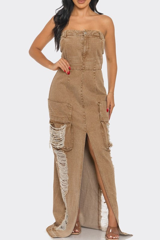 Vintage Washed Distressed Cargo Maxi Dress