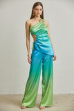 Ombre Satin Pants & Ringed Top Set- Blue/Green