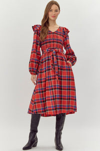 "Holiday Special" Jodifl Plaid Belted Midi Dress with Pockets