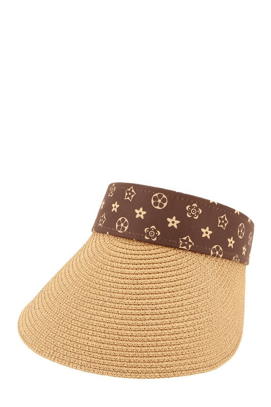 Brown Geometric Pattern Decorated Straw Visor Hat