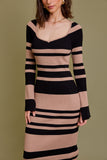 Tan & Black Striped Winter Long Sleeve Dress (Pre-Order)