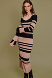 Tan & Black Striped Winter Long Sleeve Dress (Pre-Order)