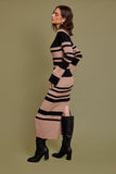 Tan & Black Striped Winter Long Sleeve Dress (Pre-Order)