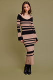 Tan & Black Striped Winter Long Sleeve Dress (Pre-Order)