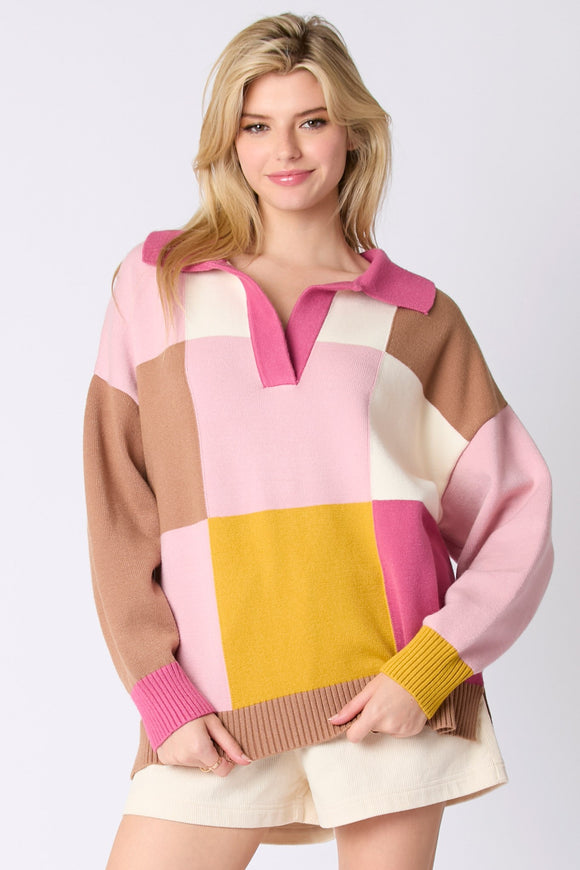 Neapolitan Color Block Split Neck Loose Fit Sweater- PreOrder