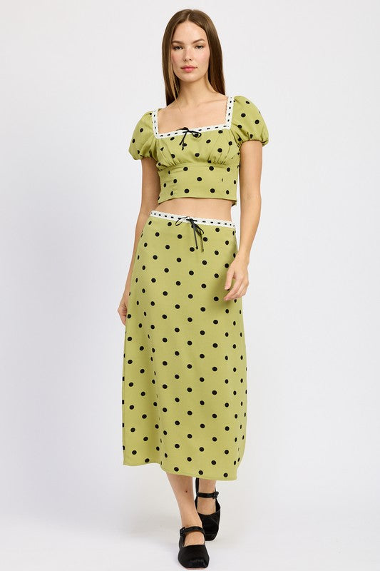 POLKA DOT MIDI SKIRT WITH LACE TRIM