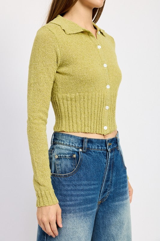 LONG SLEEVE BUTTON UP RIBBED TOP-2 COLORS