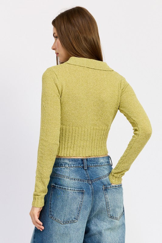 LONG SLEEVE BUTTON UP RIBBED TOP-2 COLORS