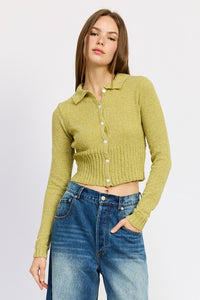 LONG SLEEVE BUTTON UP RIBBED TOP-2 COLORS