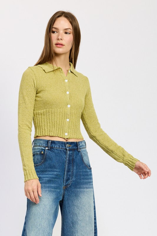 LONG SLEEVE BUTTON UP RIBBED TOP-2 COLORS