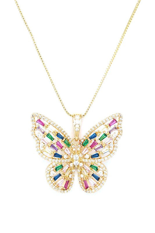Cubic Zirconia Butterfly Pendant Necklace- 3 Colors