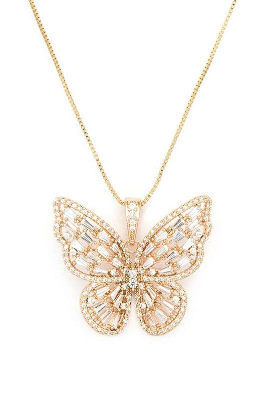 Cubic Zirconia Butterfly Pendant Necklace- 3 Colors