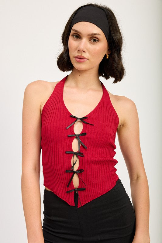 HALTER NECK TOP WITH BOW DETAILS-2 COLORS