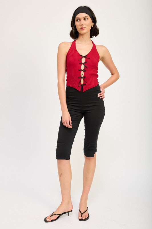 HALTER NECK TOP WITH BOW DETAILS-2 COLORS