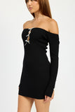 OFF SHOULDER BODYCON DRESS WITH BOW DETAIL-2 COLORS