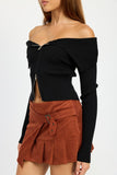 ZIP FRONT BARDOT SHOULDER TOP- 3 COLORS