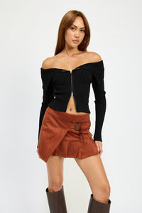 ZIP FRONT BARDOT SHOULDER TOP- 3 COLORS