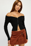 ZIP FRONT BARDOT SHOULDER TOP- 3 COLORS