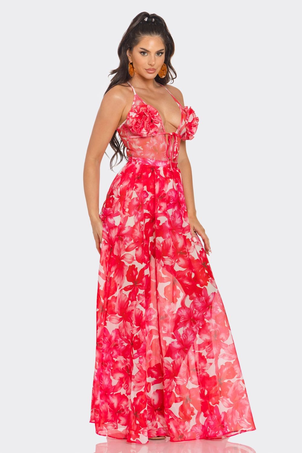 Valencia 3D Flower Bodysuit Top & Maxi Skirt Set