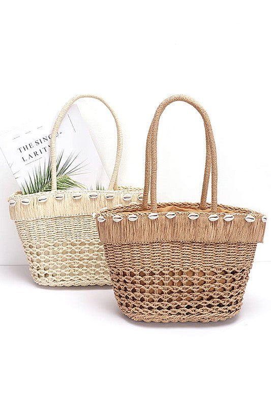 Sea Shell Iconic Faux Straw Tote Basket- 2 Colors