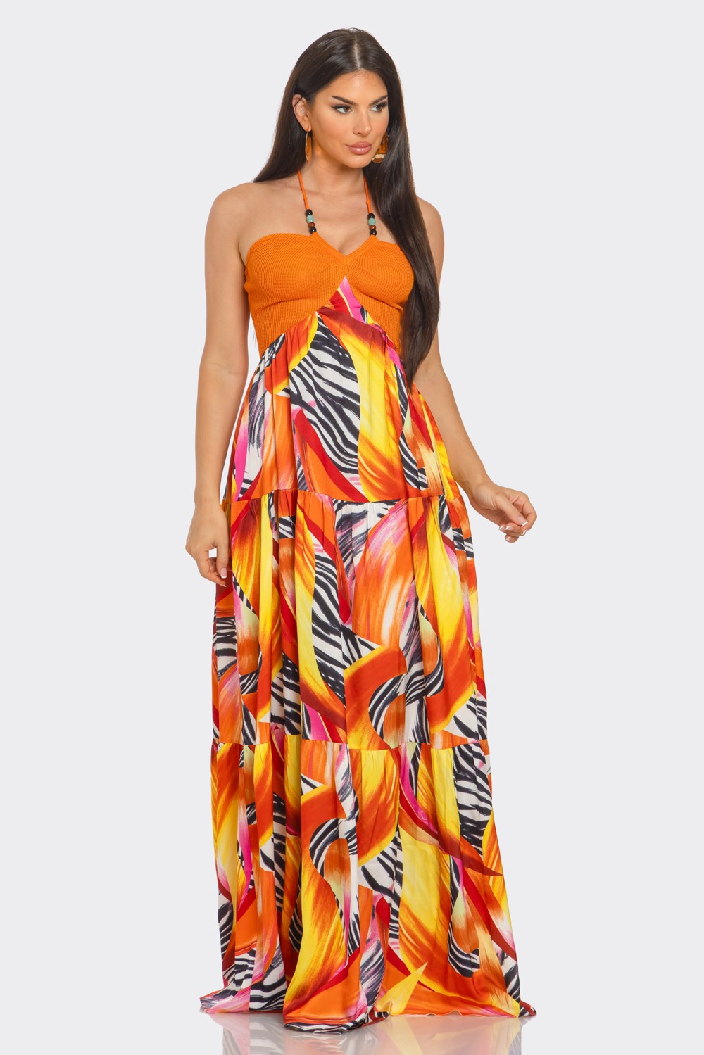 Floral Animal Printed Halter Maxi Dress- Orange