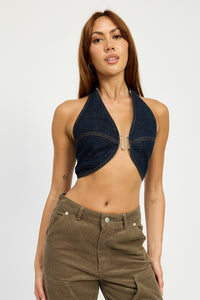 CROPPED HALTER DENIM TOP