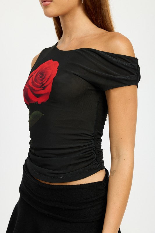 ONE SHOULDER SCREEB ROSE FLOWER TOP