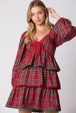 Christmas Plaid Long Sleeve Tiered Dress- PreOrder