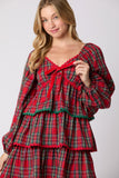 Christmas Plaid Long Sleeve Tiered Dress- PreOrder