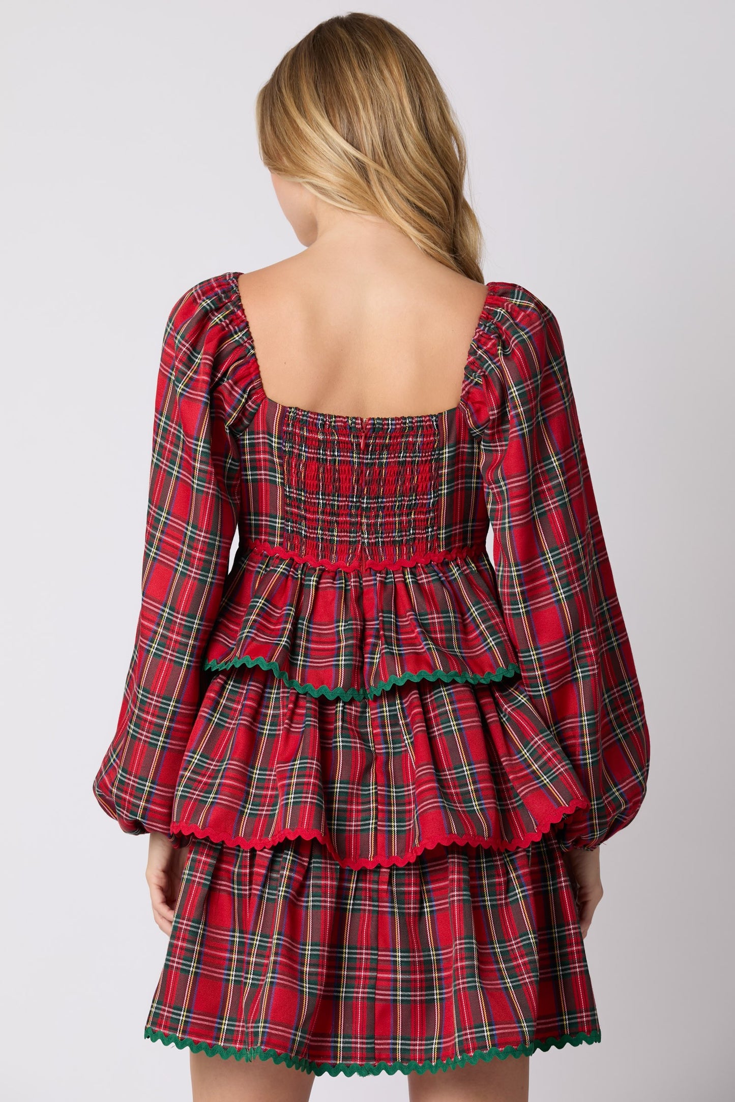 Christmas Plaid Long Sleeve Tiered Dress- PreOrder