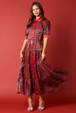 Christmas Plaid Print Silky Organza Midi Dress- PreOrder